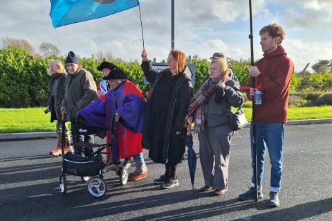 Peace activists symbolically block the road into Shannon Airport at start of today's rally, in protest at it's use by the US military